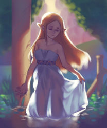 Rule 34 | 1girl, bare shoulders, blonde hair, dress, closed eyes, highres, hollyfig, nintendo, partially submerged, pillar, pointy ears, princess zelda, see-through, smile, solo, strapless, strapless dress, sunlight, the legend of zelda, the legend of zelda: breath of the wild, wading, water, wet, wet clothes, wet dress, white dress
