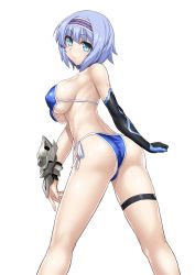 Rule 34 | 1girl, aqua eyes, ass, asymmetrical gloves, back, bare arms, bare legs, bare shoulders, bikini, black gloves, blue bikini, blue hair, blush, bnc (bunshi), breasts, c:, clenched hand, closed mouth, elbow gloves, female focus, from behind, gloves, hairband, highres, isekai wa smartphone to tomo ni., large breasts, legband, legs, legs apart, linse shileska, looking at viewer, looking back, short hair, side-tie bikini bottom, sideboob, simple background, single elbow glove, single glove, smile, solo, standing, string bikini, swimsuit, thigh strap, underboob, uneven gloves, white background