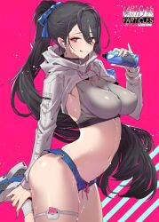 Rule 34 | 1girl, :p, black hair, blue bow, blue bowtie, bottle, bow, bowtie, breasts, condom, crop top, hair between eyes, headphones, high ponytail, holding leg, large breasts, long hair, long sleeves, looking at viewer, miniskirt, navel, original, ponytail, purple eyes, skirt, smile, socks, solo, sports bra, stomach, sweat, tajima ryuushi, thighs, tongue, tongue out, water bottle, white socks