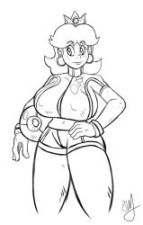 Rule 34 | 1girl, absurdres, alternate breast size, ball, breasts, brewcitymonk, freckles, hand on own hip, highres, huge breasts, legs, mario (series), midriff, monochrome, navel, nintendo, princess, princess daisy, short hair, shorts, smile, soccer ball, soccer uniform, solo, sportswear, super mario strikers, thick thighs, thighs