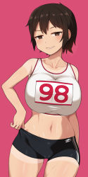 Rule 34 | 1girl, adjusting clothes, adjusting shorts, bike shorts, black shorts, blush, breasts, brown eyes, brown hair, cameltoe, clothes writing, collarbone, cowboy shot, grin, gym shorts, highres, large breasts, looking at viewer, midriff, naughty face, navel, nt00, parted lips, red background, ruby rose, rwby, short hair, short shorts, shorts, simple background, smile, solo, sports bra, sweat, tan, tanline, tomboy, track and field