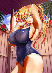 Rule 34 | 1girl, :p, arm up, armpits, blonde hair, blush, breasts, cameltoe, cleft of venus, competition school swimsuit, covered erect nipples, flower, hibiscus, highres, huge breasts, kawaraya a-ta, long hair, looking at viewer, love tutorial (manga), one-piece swimsuit, palm tree, school swimsuit, sideboob, smile, solo, source request, sweat, swimsuit, tongue, tongue out, tree, wet