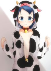 Rule 34 | 1girl, animal costume, animal hood, arrow (symbol), bell, blue eyes, blue hair, blush, breasts, closed mouth, commentary request, cow costume, cow hood, cursor, flat chest, gradient hair, hood, hood up, kantai collection, long hair, looking at viewer, mae (maesanpicture), multicolored hair, open clothes, samidare (kancolle), simple background, small breasts, solo, sweat, twitter username, upper body, very long hair