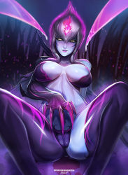 Rule 34 | 1girl, badcompzero, blue skin, breasts, breasts apart, cameltoe, claws, colored skin, darkness, evelynn (league of legends), fiery hair, grass, large breasts, league of legends, lips, lipstick, looking down, makeup, multicolored hair, night, nose, parted lips, patreon username, reclining, sidelocks, slit pupils, solo, spread legs, suggestive fluid, teeth, tentacles, white hair, yellow eyes
