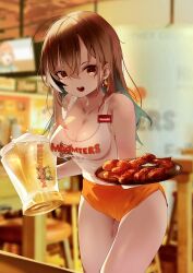 Rule 34 | 1girl, absurdres, alcohol, alternate costume, beer, blurry, blurry background, brand name imitation, breasts, brown eyes, brown hair, chicken (food), cleavage, cup, earrings, foam, food, highres, holding, holding cup, holding pitcher, holding plate, hololive, hololive english, hooters, jewelry, long hair, medium breasts, multicolored hair, name tag, nanashi mumei, open mouth, orange shorts, pitcher (container), plate, pparus, print shirt, shirt, short shorts, shorts, solo, streaked hair, tank top, thighs, virtual youtuber, white tank top