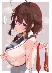 Rule 34 | 1girl, ahoge, black shirt, blue eyes, border, braid, breasts, brown hair, calin, collared shirt, commentary request, hair between eyes, hair flaps, hair over shoulder, highres, holding necktie, hot, kantai collection, large breasts, light smile, long hair, looking at viewer, necktie, outside border, red necktie, shigure (kancolle), shigure kai san (kancolle), shirt, sideboob, simple background, single braid, sleeveless, sleeveless shirt, solo, sweat, thought bubble, translation request, two-tone shirt, unworn necktie, upper body, white border, white shirt