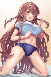 Rule 34 | 1girl, azur lane, bare legs, barefoot, blue buruma, breasts, brown hair, buruma, commentary request, commission, crop top, foot out of frame, highres, kneeling, large breasts, long hair, midriff, navel, open mouth, pixiv commission, shirt, short sleeves, solo, stomach, thighs, very long hair, volga (azur lane), white shirt, yam (yam6056), yellow eyes