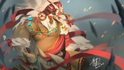Rule 34 | 1boy, absurdres, bear, brown eyes, club (weapon), dagger (sdorica), dated, furry, furry male, headdress, helmet, highres, holding, holding weapon, jewelry, male focus, necklace, open mouth, outdoors, red ribbon, ribbon, scar, sdorica, signature, solo, standing, watermark, weapon