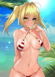 Rule 34 | 1girl, absurdres, bikini, bikini pull, blonde hair, blue eyes, blue sky, blush, breasts, closed mouth, clothes pull, criss-cross halter, day, fate/grand order, fate (series), hair intakes, halterneck, highres, large breasts, long hair, looking at viewer, musicatopos, navel, nero claudius (fate), nero claudius (fate) (all), nero claudius (swimsuit caster) (fate), outdoors, sidelocks, sky, smile, solo, striped bikini, striped clothes, swimsuit, twintails, upper body