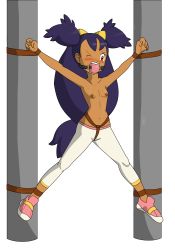Rule 34 | 1girl, absurdres, armpits, arms up, ball gag, bdsm, blue hair, blush, bondage, bound, bow, breasts, cameltoe, collarbone, creatures (company), dark skin, gag, gagged, game freak, hair bow, hair ornament, highres, iris (pokemon), kupexe, long hair, nintendo, nipples, pants, pokemon, pokemon bw, pole, red eyes, restrained, rope, saliva, shoes, small breasts, tagme, topless, transparent background, very long hair, white pants, wince