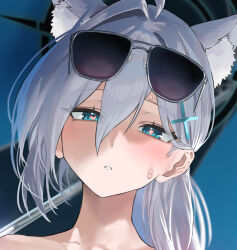 Rule 34 | 1girl, animal ear fluff, animal ears, blue archive, blue eyes, completely nude, cross, cross hair ornament, extra ears, grey hair, hair ornament, heart, heart-shaped pupils, inverted cross, kazane-wind, nude, parted lips, portrait, shiroko (blue archive), shiroko terror (blue archive), solo, sunglasses, symbol-shaped pupils, umbrella, white hair, wolf ears
