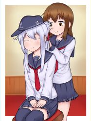 Rule 34 | 10s, 2girls, ^ ^, alternate hairstyle, anchor symbol, black legwear, blue headwear, blue skirt, blush, brown eyes, brown hair, closed eyes, colored eyelashes, flat cap, folded ponytail, hair down, hat, hibiki (kancolle), highres, inazuma (kancolle), jacy, kantai collection, long hair, looking at another, multiple girls, navy blue hat, necktie, outside border, own hands together, pleated skirt, red necktie, roman numeral, sailor collar, shirt, silver hair, sitting, skirt, sleeves past wrists, standing, thighhighs, v arms, wainscoting, white shirt