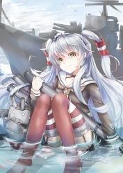 Rule 34 | 10s, 1girl, aircraft, airplane, amatsukaze (kancolle), brown eyes, dress, garter straps, kantai collection, long hair, looking at viewer, partially submerged, personification, rensouhou-kun, sailor dress, school uniform, serafuku, short dress, silver hair, smile, solo, striped clothes, striped thighhighs, teeth (artist), thighhighs, torpedo, twintails, two side up, zettai ryouiki