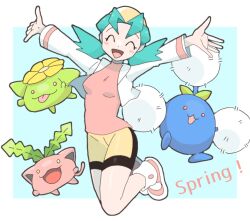 Rule 34 | 1girl, :d, :p, ^ ^, aqua hair, bike shorts, blue background, blue skin, border, breasts, closed eyes, colored skin, commentary request, creatures (company), evolutionary line, full body, game freak, gen 2 pokemon, green skin, hanecco (arumican orange), hoppip, jumpluff, kris (pokemon), nintendo, open mouth, outside border, pink skin, pokemon, pokemon (creature), pokemon gsc, red eyes, red shirt, shirt, simple background, skiploom, small breasts, smile, solo, spring (season), tongue, tongue out, white border, yellow eyes