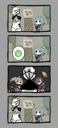 Rule 34 | 2boys, 2girls, 4koma, ahoge, armband, black coat, black eyes, blue armband, blue hair, brown hair, clipboard, closed mouth, coat, colored skin, comic, commentary request, employee (project moon), grey coat, grey vest, harvest fes, highres, holding, holding clipboard, lobotomy corporation, long sleeves, medium hair, multiple boys, multiple girls, no nose, ponytail, project moon, red hair, red shirt, shirt, short hair, the silent orchestra, translation request, vest, white skin