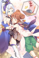 Rule 34 | 2girls, ^^^, ahoge, bare shoulders, between breasts, blue eyes, blush, boots, braid, breasts, brown hair, closed eyes, commentary request, copyright request, double bun, dress, green shorts, groin, hair bun, hair ornament, hatsunatsu, head between breasts, high ponytail, highres, long hair, medium breasts, multiple girls, o-ring, outstretched arm, parted bangs, parted lips, pebble, pelvic curtain, ponytail, puffy shorts, revealing clothes, short shorts, shorts, silver hair, sleeveless, sleeveless dress, standing, standing on one leg, thick eyebrows, thighhighs, tripping, very long hair, white dress, white footwear, white legwear