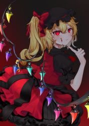 Rule 34 | 1girl, absurdres, adapted costume, alternate color, ascot, back bow, black background, black bow, black hat, black shirt, blonde hair, blood, blood on face, blush, bow, bright pupils, closed mouth, commentary request, cowboy shot, crossed bangs, crystal, dark persona, expressionless, eyelashes, flandre scarlet, frilled shirt collar, frilled skirt, frills, from side, gradient background, hair between eyes, hair bow, hair ribbon, hand up, happy, hat, highres, index finger raised, kodouirasto, long hair, looking at viewer, mob cap, nail polish, petticoat, pointy ears, puffy short sleeves, puffy sleeves, red ascot, red background, red bow, red eyes, red nails, red ribbon, red skirt, red vest, ribbon, shirt, short sleeves, side ponytail, simple background, skirt, sleeve bow, slit pupils, solo, touhou, tsurime, vest, wavy hair, wings