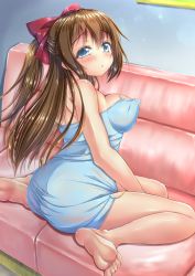 Rule 34 | 1girl, aqua dress, aqua eyes, aqua skirt, artist name, artist request, bare legs, bare shoulders, barefoot, blue eyes, blush, bow, breasts, brown hair, couch, dress, feet, female focus, from behind, full body, hair between eyes, hair bow, half updo, high ponytail, highres, indoors, long hair, looking at viewer, looking back, love live!, love live! nijigasaki high school idol club, medium breasts, miniskirt, on couch, osaka shizuku, parted lips, plaid, plaid dress, plaid skirt, pleated, pleated dress, pleated skirt, ponytail, red bow, sideboob, skirt, smile, solo, worried