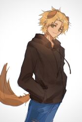 Rule 34 | 1boy, :3, animal ears, blonde hair, blue pants, brown hoodie, chinese commentary, closed mouth, commentary request, cowboy shot, dog boy, dog ears, dog tail, green eyes, hands in pockets, highres, hood, hood down, hoodie, long sleeves, m-pingguosuan, male focus, pants, parted bangs, saibou shinkyoku, shinano eiji, short hair, simple background, solo, tail, white background