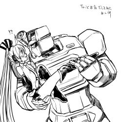 Rule 34 | 1girl, ass, ass grab, boots, couple, crossover, decepticon, detached sleeves, greyscale, hatsune miku, long hair, mecha, monochrome, necktie, rkp, robot, science fiction, size difference, soundwave (transformers), surprised, thigh boots, thighhighs, transformers, transformers: generation 1, twintails, undressing, very long hair, vocaloid