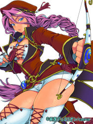 Rule 34 | 1girl, arrow (projectile), blue eyes, bow (weapon), braid, breasts, cleavage, copyright name, cowboy shot, eroe, fingerless gloves, gloves, junketsu duelion, large breasts, long hair, monica brandes, official art, pink hair, ponytail, short hair, simple background, single braid, solo, thighhighs, weapon, white background