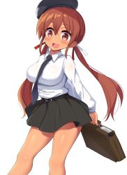 Rule 34 | 1girl, absurdres, aged up, alternate costume, bag, beret, blush, bookbag, breasts, brown hair, dress shirt, hair ribbon, hat, highres, kantai collection, kurokoshou (emuburemu123), large breasts, libeccio (kancolle), long hair, low twintails, necktie, open mouth, ribbon, shirt, simple background, smile, solo, tan, twintails, white background