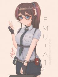 Rule 34 | 1girl, bag, belt, belt buckle, breasts, brown hair, buckle, fingerless gloves, glasses, gloves, highres, holding, holding bag, long hair, looking at viewer, necktie, non-web source, personification, simple background, smile, solo, train, v, walkie-talkie