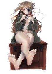 Rule 34 | 1girl, absurdres, artist request, barefoot, breasts, brown hair, cheek bulge, choker, coat, crossed legs, evangelion: 3.0+1.0 thrice upon a time, expressionless, eyepatch, feet, full body, game console, green jacket, highres, interface headset, jacket, long hair, looking at viewer, medium breasts, naked jacket, neon genesis evangelion, no bra, rebuild of evangelion, shiny skin, simple background, souryuu asuka langley, toes, tsundere, two side up, very long hair, wide hips