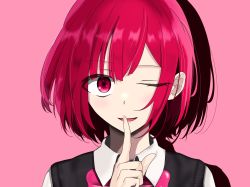 Rule 34 | 1girl, arima kana, finger to mouth, highres, looking at viewer, one eye closed, oshi no ko, pink background, red eyes, red hair, short hair, smile, tk blt, uniform, wink
