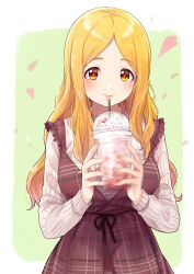 Rule 34 | 1girl, blonde hair, blush, bow, cherry, cup, dot nose, dress, drinking straw, falling petals, food, fruit, grey background, grid background, highres, holding, holding cup, ice cream, idolmaster, idolmaster cinderella girls, idolmaster cinderella girls starlight stage, long hair, long sleeves, looking at viewer, mochizuki hijiri, outside border, parted bangs, parted lips, peppe, petals, plaid, plaid dress, red dress, red eyes, simple background, smile, solo, standing, waist bow, white background
