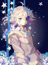 Rule 34 | 1boy, ahoge, blue background, blue eyes, blue flower, blue rose, blush, bug, butterfly, chin, closed mouth, collarbone, collared shirt, commentary, diamond necklace, english commentary, floating hair, flower, flower request, half-closed eye, hood, hood down, hoodie, hoshi-pan, insect, jewelry, layered shirt, lily (flower), long sleeves, medium hair, one eye covered, original, pendant, pocket, rose, shirt, smile, star (symbol), upper body, water, waterfall, wavy hair, white flower, white hair, white shirt, wide sleeves, yellow hoodie