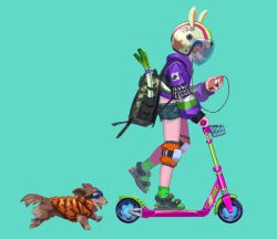 Rule 34 | 1girl, animal, animal ears, backpack, bag, bicycle helmet, cable, clothed animal, clothes writing, coat, commentary request, digital media player, dog, earphones, english text, fake animal ears, fangs, goggles, green background, green legwear, helmet, holding, hood, hoodie, iroidori4422, kick scooter, knee pads, listening to music, long sleeves, midriff, mouth hold, multicolored hoodie, orange coat, orange hair, original, purple eyes, purple hoodie, rabbit ears, running, sandals, school bag, short shorts, shorts, simple background, socks, spring onion, standing, standing on one leg, star (symbol), tongue, tongue out