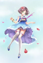 Rule 34 | 1girl, bad id, bad pixiv id, blue dress, blush, bow, bracelet, brown hair, dress, earrings, flower, frills, green eyes, hair flower, hair ornament, jewelry, looking at viewer, neck ribbon, open mouth, original, panties, pantyshot, pink bow, puky, ribbon, short hair, simple background, smile, solo, thighhighs, thighs, underwear, white panties, white thighhighs