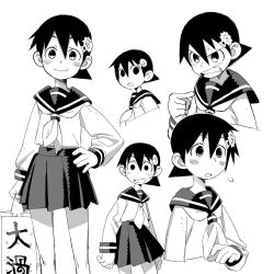 Rule 34 | 1girl, angry, black skirt, blush stickers, clenched teeth, cropped torso, expressions, food, food-themed hair ornament, greyscale, hair between eyes, hair ornament, hand on own hip, kamaboko, kondoo, monochrome, narutomaki, neckerchief, nervous smile, open mouth, original, sailor collar, school uniform, serafuku, short hair, skirt, smile, solo, teeth