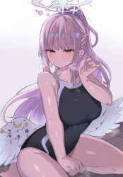 Rule 34 | 1girl, absurdres, angel wings, bare shoulders, blue archive, blush, breasts, doldol (rkwowlqrp), feathered wings, half-closed eyes, halo, highres, long hair, looking at viewer, low wings, medium breasts, mika (blue archive), one-piece swimsuit, pink hair, ponytail, scrunchie, solo, swimsuit, thighs, wet, white wings, wings, yellow eyes