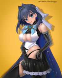 Rule 34 | 1girl, areola slip, bare shoulders, black gloves, black hair, black skirt, black thighhighs, blue bow, blue bowtie, blue eyes, bow, bow earrings, bowtie, breasts, chain, chain headband, cleavage, earrings, elbow gloves, from side, gloves, greatodoggo, hair intakes, head chain, highres, hololive, hololive english, jewelry, large breasts, looking at viewer, ouro kronii, panty straps, parted lips, shirt, simple background, skirt, smile, solo, standing, thighhighs, twitter username, virtual youtuber, white shirt, yellow background