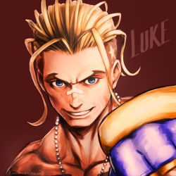 Rule 34 | 1boy, blonde hair, blue eyes, buzz cut, capcom, character name, collarbone, commentary, english commentary, grin, hair slicked back, highres, jewelry, kuroneco, looking at viewer, luke (street fighter), luke sullivan, male focus, mixed-language commentary, necklace, nose tape, portrait, red background, short hair, signature, simple background, smile, solo, star (symbol), street fighter, street fighter v, very short hair