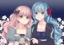 Rule 34 | 2girls, annabel-m, black bow, blue hair, bow, closed mouth, copyright request, daisy, earrings, flower, gradient background, hair bow, jewelry, long hair, long sleeves, looking at viewer, multiple girls, pink hair, puffy short sleeves, puffy sleeves, red bow, red ribbon, ribbon, short sleeves, smile, stuffed animal, stuffed rabbit, stuffed toy, upper body, white flower