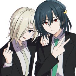 Rule 34 | 2girls, :p, amakuma, black hair, black jacket, black suit, closed mouth, collared shirt, commentary, formal, green necktie, grey necktie, hair over one eye, hair ribbon, hand on another&#039;s shoulder, highres, inward v, jacket, long sleeves, looking at viewer, love live!, love live! nijigasaki high school idol club, mia taylor, middle finger, mifune shioriko, multiple girls, necktie, one eye covered, open clothes, open jacket, purple eyes, red eyes, ribbon, shirt, short hair, suit, suit jacket, tongue, tongue out, white background, white shirt, yellow ribbon