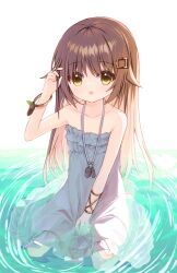 Rule 34 | 1girl, bare arms, bare shoulders, brown eyes, brown hair, collarbone, dress, hair between eyes, hair ornament, hairclip, hand up, long hair, original, parted lips, ripples, shallow water, sitting, solo, squirrel girl (yuuhagi (amaretto-no-natsu)), strapless, strapless dress, very long hair, wariza, water, white background, white dress, yuuhagi (amaretto-no-natsu)
