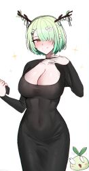 Rule 34 | 1girl, black choker, black dress, blush, breasts, ceres fauna, choker, cleavage, collarbone, dress, flower, green eyes, hair flower, hair ornament, hair over one eye, highres, hololive, hololive english, horns, kotodekun, large breasts, long sleeves, short hair, solo, virtual youtuber, white background