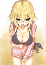 Rule 34 | 1girl, bikini, bikini top only, bikini under clothes, blonde hair, blue eyes, blush, braid, breasts, cleavage, cowboy shot, downblouse, embarrassed, fate/grand order, fate (series), front-tie bikini top, front-tie top, highres, jacket, jacket tug, jeanne d&#039;arc (fate), jeanne d&#039;arc (ruler) (fate), jeanne d&#039;arc (white cruising) (fate), kazama ryuu (kazama0003), large breasts, long hair, looking down, low-tied long hair, open mouth, single braid, solo, swimsuit, swimsuit under clothes, wavy mouth