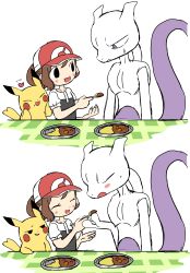Rule 34 | 1boy, 1girl, absurdres, baseball cap, black eyes, black shirt, blush, blush stickers, brown hair, child, closed eyes, collarbone, creatures (company), elaine (pokemon), embarrassed, feeding, flat chest, food, food on face, furry, game freak, gen 1 pokemon, grin, half-closed eyes, hand up, hands on own face, hands up, happy, hat, heart, highres, holding, leaning forward, legendary pokemon, looking at another, looking down, mewtwo, multiple views, nintendo, open mouth, pikachu, plate, poke ball symbol, poke ball theme, pokemon, pokemon (creature), pokemon lgpe, ponytail, purple eyes, red headwear, semi kon, shirt, short hair, short sleeves, simple background, smile, spoon, sweat, table, tail, teeth, upper body, white background