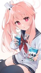 Rule 34 | 1girl, black thighhighs, blue archive, collarbone, commentary request, drinking straw, halo, highres, juice box, kano hito, natsu (blue archive), offering, pink hair, red eyes, school uniform, side ponytail, sitting, solo, thighhighs, thighs, white background
