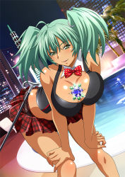 Rule 34 | 1girl, ahoge, alternate costume, aqua hair, bare arms, bare legs, bare shoulders, bent over, between breasts, black tank top, bow, bowtie, breast press, breasts, building, cane, checkered clothes, checkered skirt, detached collar, dutch angle, eyebrows hidden by hair, green eyes, hair between eyes, half-closed eyes, hands on own knees, ikkitousen, jewelry, large breasts, leaning forward, looking at viewer, midriff, miniskirt, night, night sky, open mouth, outdoors, palm tree, plaid, plaid skirt, pleated skirt, pool, red bow, red bowtie, red skirt, ryofu housen, short hair, skirt, sky, skyscraper, sleeveless, smile, solo, tank top, thighs, tree, twintails