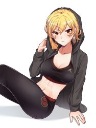 Rule 34 | 1girl, 69 (meme), abs, alternate costume, asymmetrical hair, black bra, black jacket, black pants, blonde hair, blush, bra, breasts, cleavage, collarbone, commentary, earrings, english commentary, feet out of frame, highres, hololive, hololive indonesia, hood, hood up, hooded jacket, jacket, jewelry, kaela kovalskia, looking at viewer, medium breasts, medium hair, meme, midriff, mitsumine (ookami no oyashiro), navel, open clothes, open jacket, pants, parted lips, red eyes, simple background, sitting, solo, sports bra, sweat, tight clothes, tight pants, underwear, virtual youtuber, white background