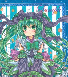 Rule 34 | 1girl, :o, back bow, bare shoulders, black hairband, black skirt, black sleeves, blush, bow, bowtie, cowboy shot, detached sleeves, floral background, frilled bow, frilled hairband, frilled skirt, frilled sleeves, frills, green bow, green bowtie, green eyes, green hair, hair between eyes, hairband, hatsune miku, long hair, looking at viewer, marker (medium), open mouth, purple bow, rui (sugar3), sample watermark, shirt, skirt, sleeveless, sleeveless shirt, solo, striped, striped background, tattoo, traditional media, vertical stripes, very long hair, vocaloid, watermark, white shirt