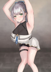 Rule 34 | 1girl, armpits, arms up, belt, black shorts, blue ribbon, braid, breasts, green eyes, grey hair, hair ribbon, hanefuro, highres, hololive, large breasts, looking at viewer, parted lips, ponytail, restrained, ribbon, shirogane noel, shirogane noel (5th costume), shorts, solo, sweat, thigh belt, thigh strap, thighs, virtual youtuber