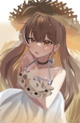 Rule 34 | 1girl, ahoge, alternate costume, berry, black choker, brown eyes, brown hair, choker, commentary, crossed bangs, dress, earrings, english commentary, food-themed earrings, from above, hat, highres, hololive, hololive english, hootsie (nanashi mumei), jewelry, long hair, looking up, multicolored hair, nanashi mumei, sketch, straw hat, streaked hair, sundress, tomanesan, virtual youtuber, white dress