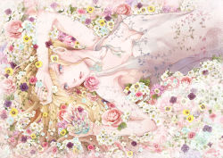 Rule 34 | +1 (yakusoku0722), 1girl, arm on own head, blonde hair, blue eyes, breasts, cleavage, dress, flower, flower bed, highres, holding, holding flower, lying, on back, original, solo, white dress